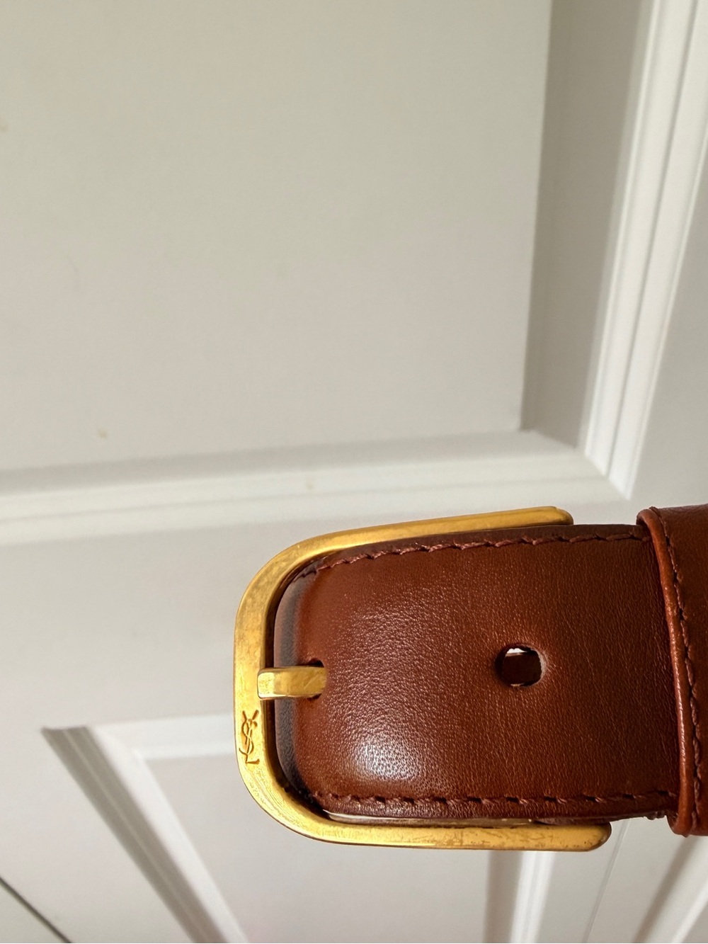 Yves Saint Laurent Brown Leather Belt with Gold-Tone Buckle